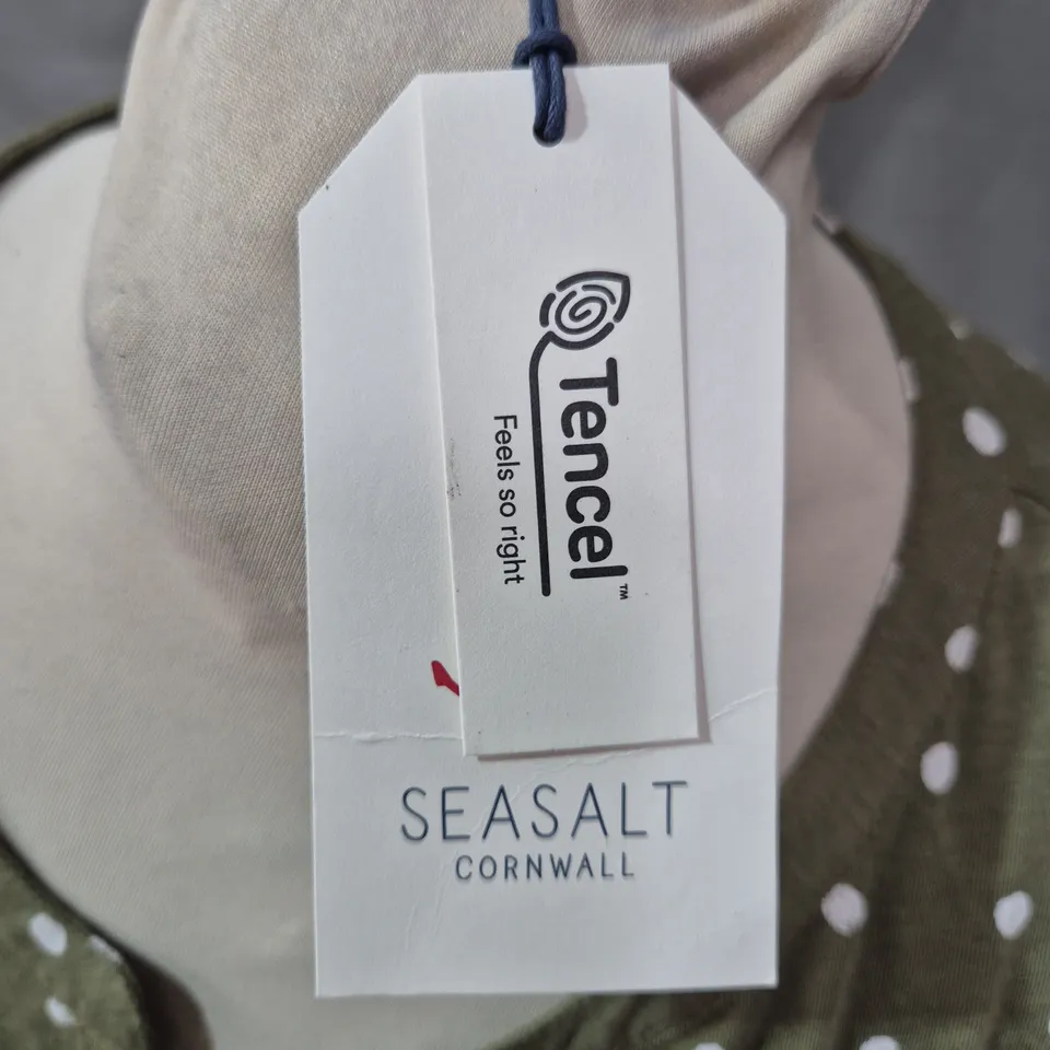 SEASALT CORNWALL RISSO TOP – OLIVE GREEN WITH WHITE POLKA DOTS (MODAL & ORGANIC COTTON, UK 12)