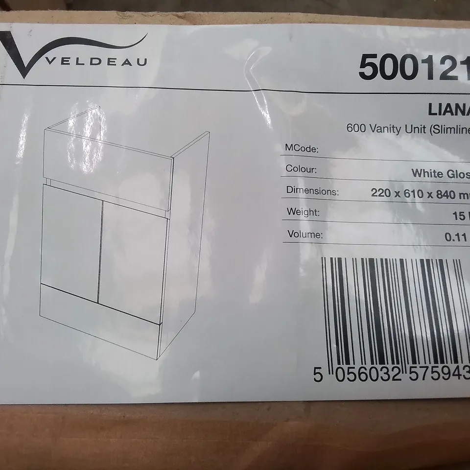 BOXED AS NEW VELDEAU LIANA 600 SLI LINE VANITY UNIT IN WHITE GLOSS - 220X610X840MM