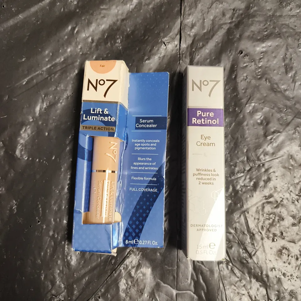 N07 LOT OF 2 ASSORTED SKINCARE ITEMS TO INCLUDE - PURE RETINOL EYE CREAM - LIFT & LUMINATE SERUM CONCEALER IN FAIR
