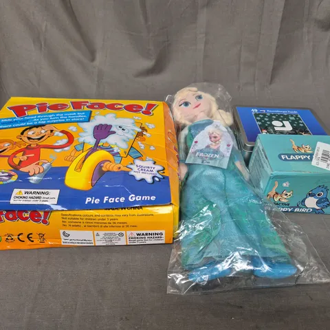 LARGE BOX OF ASSORTED TOYS AND GAMES TO INCLUDE PIEFACE, TEDDIS AND JIGSAW 