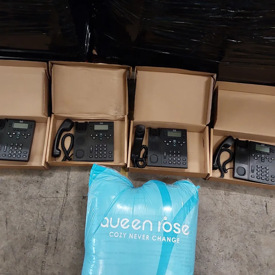 PALLET OF ASSORTED TELEPHONES AND OTHER ASSORTED ITEMS INCLUDING PILLOWS ECT.