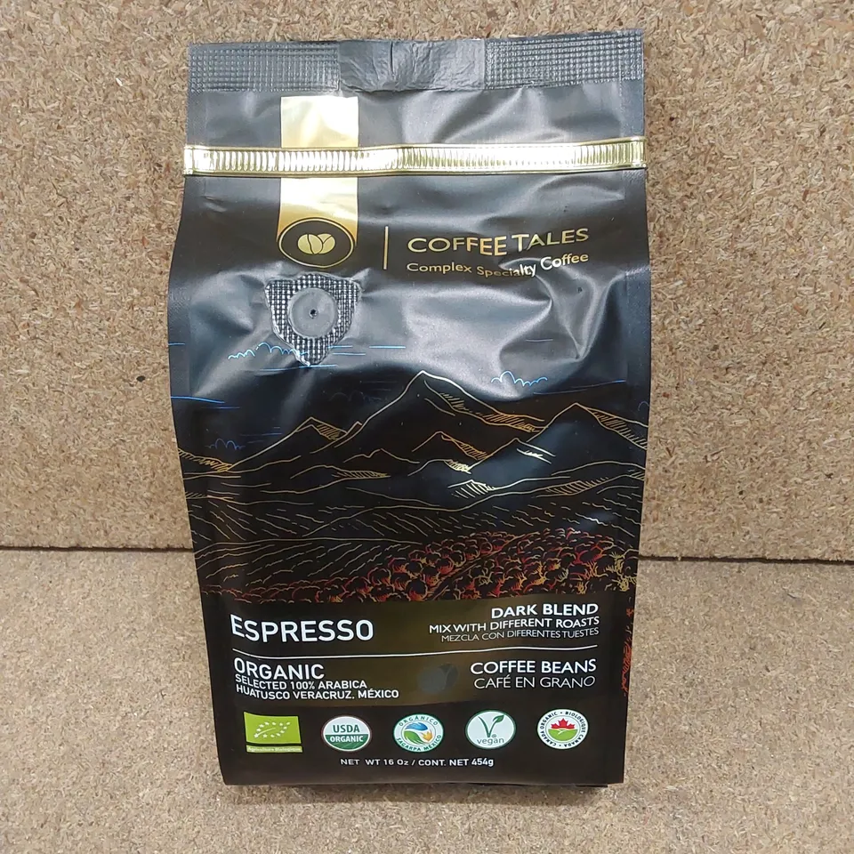 BOX OF APPROX 16 X BAGS OF COFFEE TALES DARK BLEND ESPRESSO COFFEE BEANS - 454g PER BAG // EXP: 27/04/25