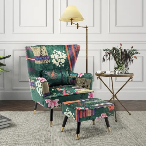 BOXED VICTORIA UPHOLSTERED ACCENT CHAIR WITH FOOTSTOOL - ANNA GREEN