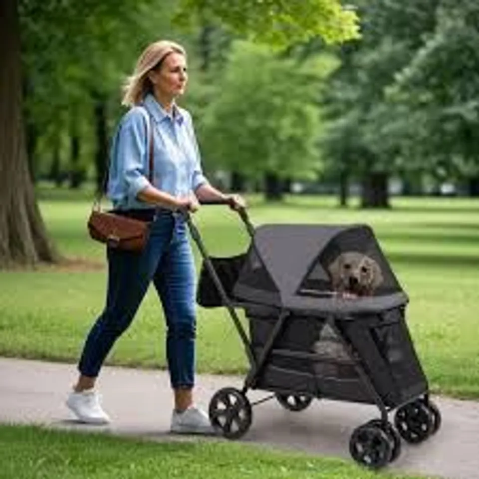 BOXED DOG STROLLER WAGON WITH DUAL ENTRY FOR MEDIUM SMALL SENIOR ELDERLY DOGS - BLACK AND GREY