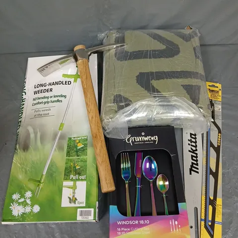 BOX OF APPROXIMATELY 12 ASSORTED HOUSEHOLD ITEMS TO INCLUDE - LONG-HANDLED WEEDER - CUTLERY SET - SABRE SAW BLADES - ETC - COLLECTION ONLY