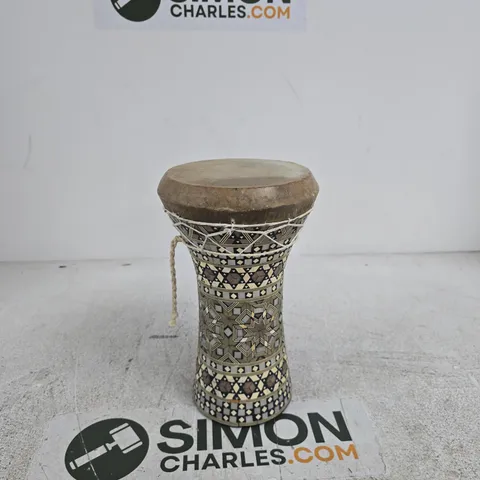 TRADITIONAL GOBLET-SHAPED HAND DRUM (DARBUKA/DOUMBEK/TABLA) FEATURING A DECORATIVE GEOMETRIC MOSAIC PATTERN