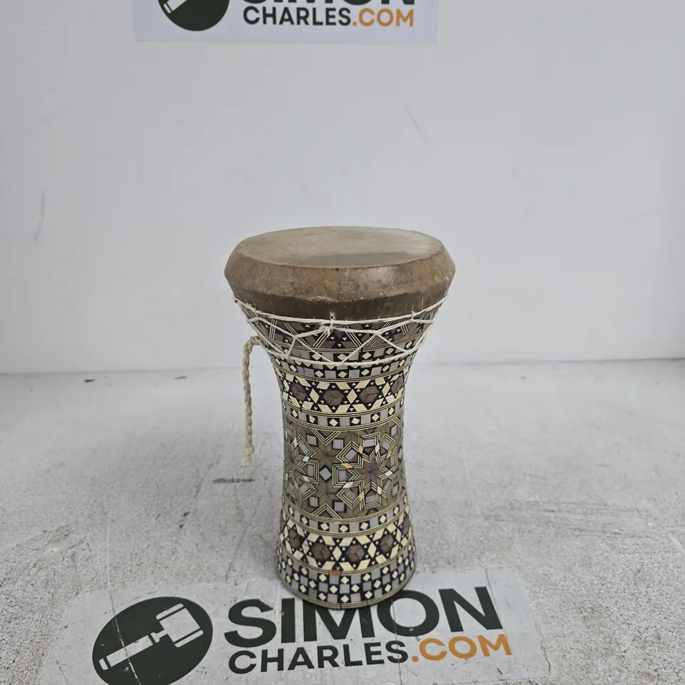 TRADITIONAL GOBLET-SHAPED HAND DRUM (DARBUKA/DOUMBEK/TABLA) FEATURING A DECORATIVE GEOMETRIC MOSAIC PATTERN