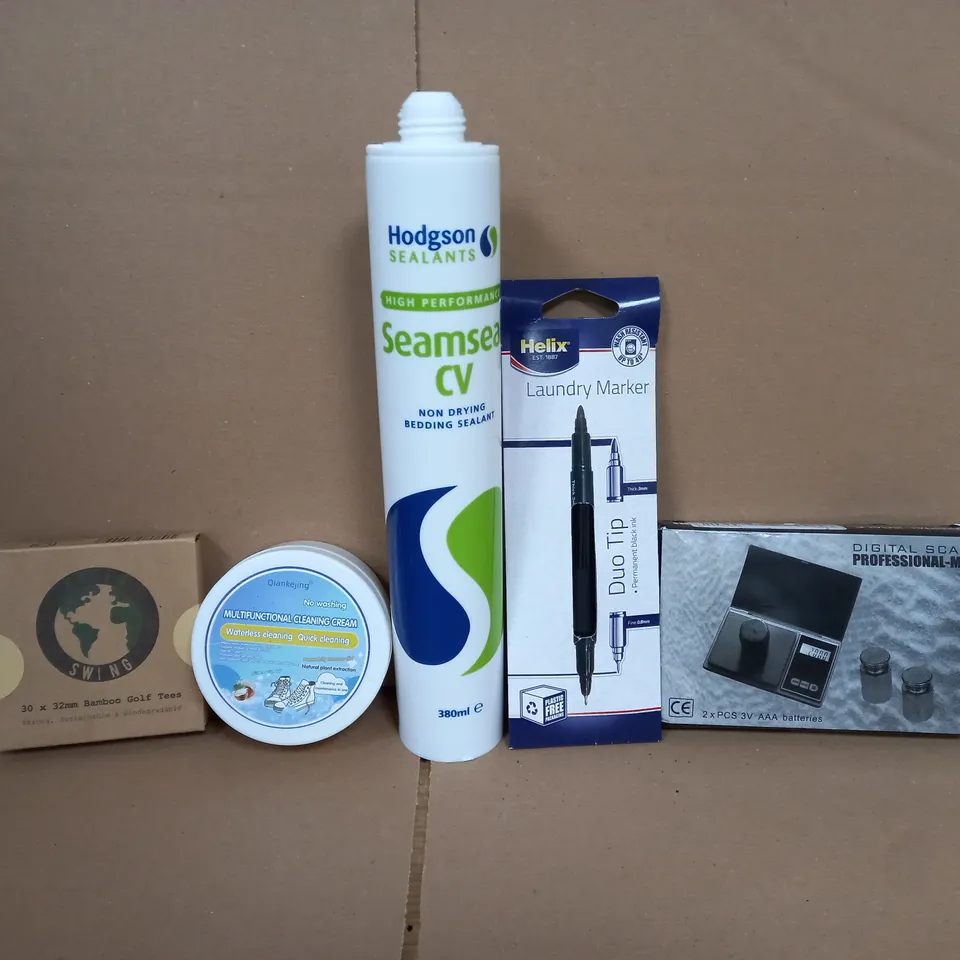BOX OF APPROXIMATELY 12 ASSORTED ITEMS TO INCLUDE - CLEANING CREAM , BAMBOO GOLF TEES , DIGITAL SCALE ETC