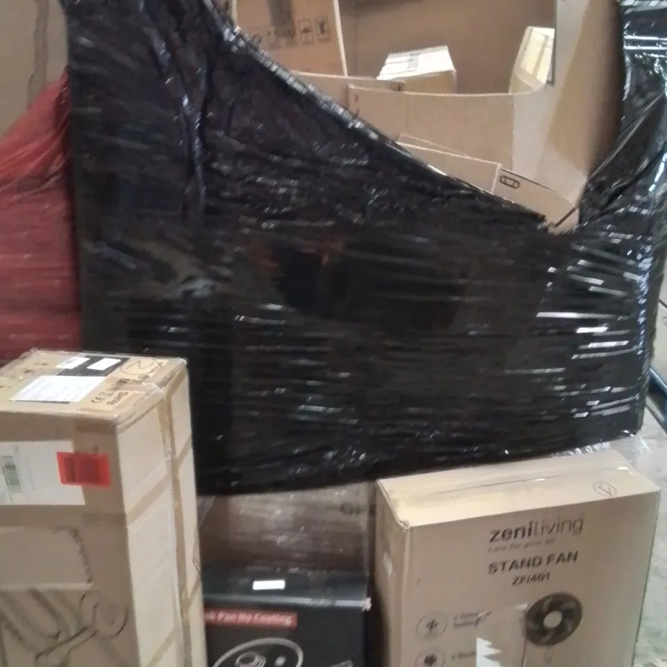 PALLET OF ASSORTED HOUSEHOLD GOODS AND PRODUCTS TO INCLUDE;FAN,BLADELESS FAN,PANS