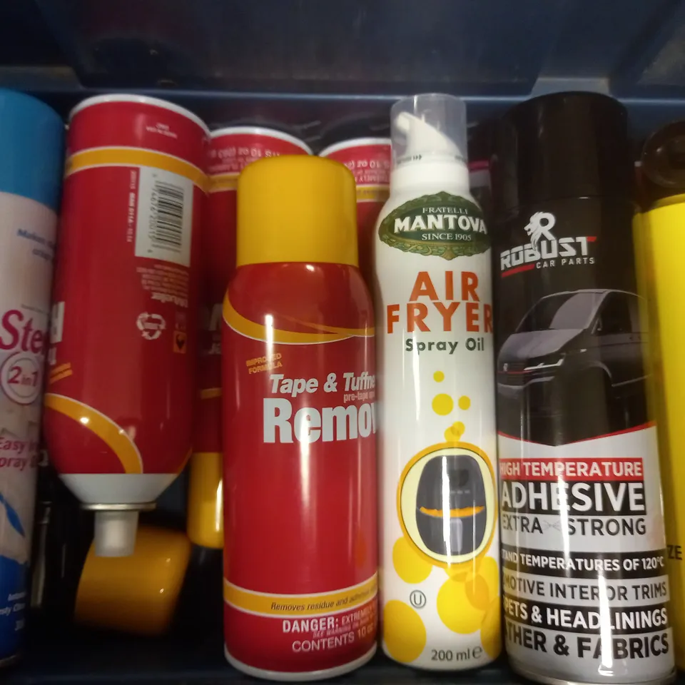 BOX OF APPROX 11 ASSORTED AEROSOLS TO INCLUDE - ROBUST CAR PARTS HIGH TEMP ADHESIVE - MANTOVA AIR FRYER - SCHWARZKOPF GOT2B GLUED ECT