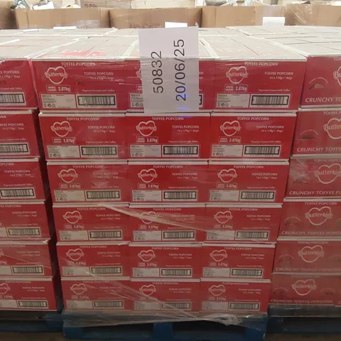 PALLET TO CONTAIN APPROX 54 BOXES OF BUTTERKIST TOFFEE POPCORN - 14 X 170g BAGS PER BOX // BEST BEFORE: 04/2025
