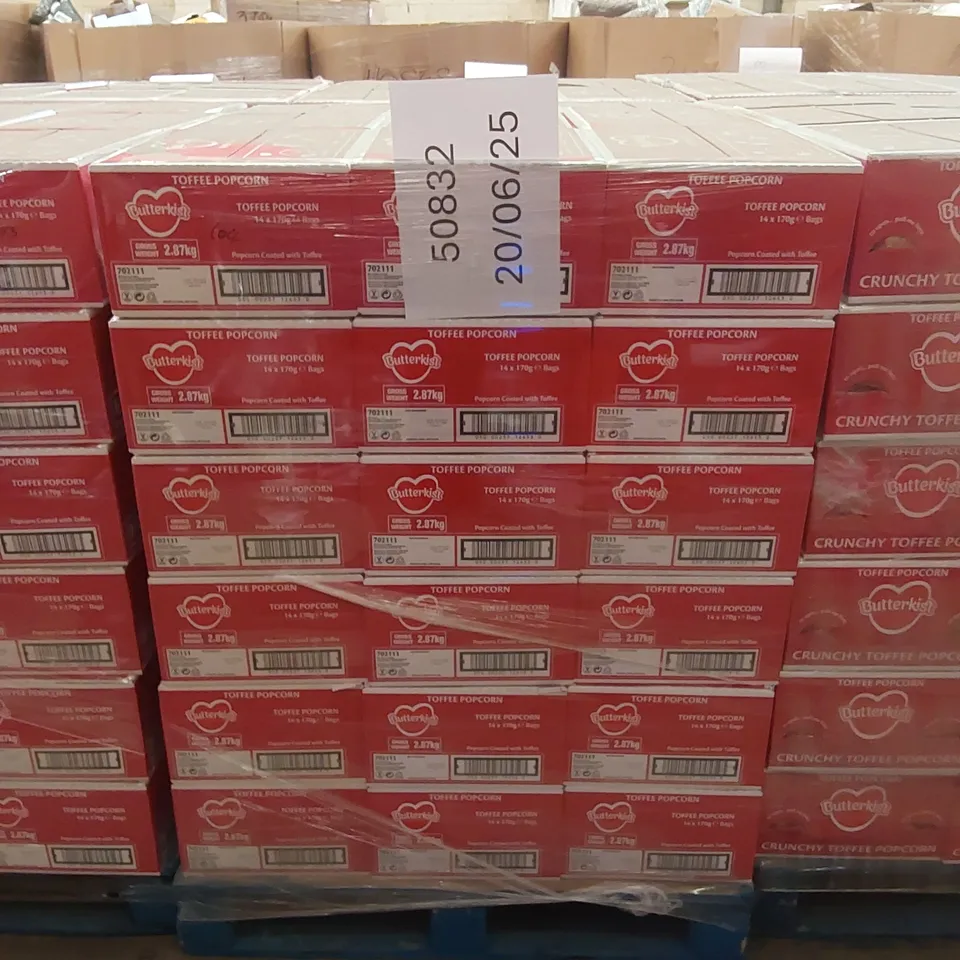 PALLET TO CONTAIN APPROX 54 BOXES OF BUTTERKIST TOFFEE POPCORN - 14 X 170g BAGS PER BOX // BEST BEFORE: 04/2025