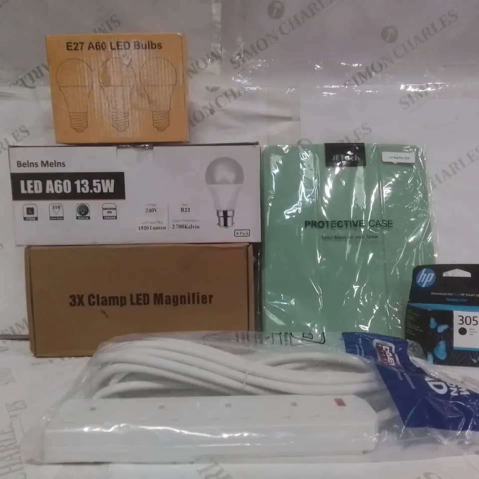 BOX OF ASSORTED ELECTRICAL GOODS TO INCLUDE; VANKE LED BULBS, DAEWOO EXTENSION LEAD, 3X CLAMP LED MAGNIFIER