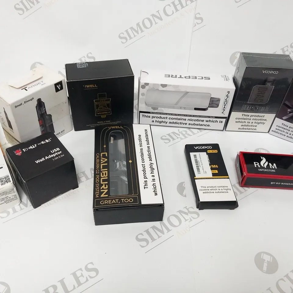 LARGE QUANTITY OF ASSORTED VAPES AND ACCESSORIES TO INCLUDE; TOTALLY WICKED, VOOPOO AND UWELL