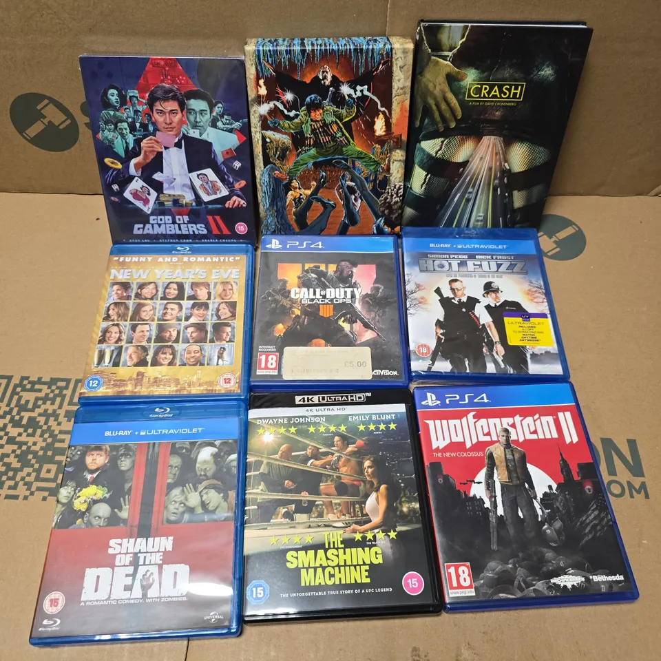 APPROXIMATELY 25 ASSORTED DVDS & GAMES TO INCLUDE HOT FUZZ (BLU-RAY), WOLFENSTEIN II (PS4), GOD OF GAMBLERS II, ETC