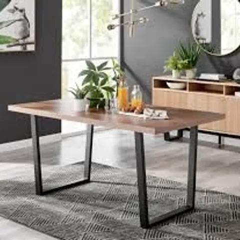 EUBANKS 160CM LARGE BROWN WOOD VENEER AND BLACK METAL DINING TABLE (2 BOXES)