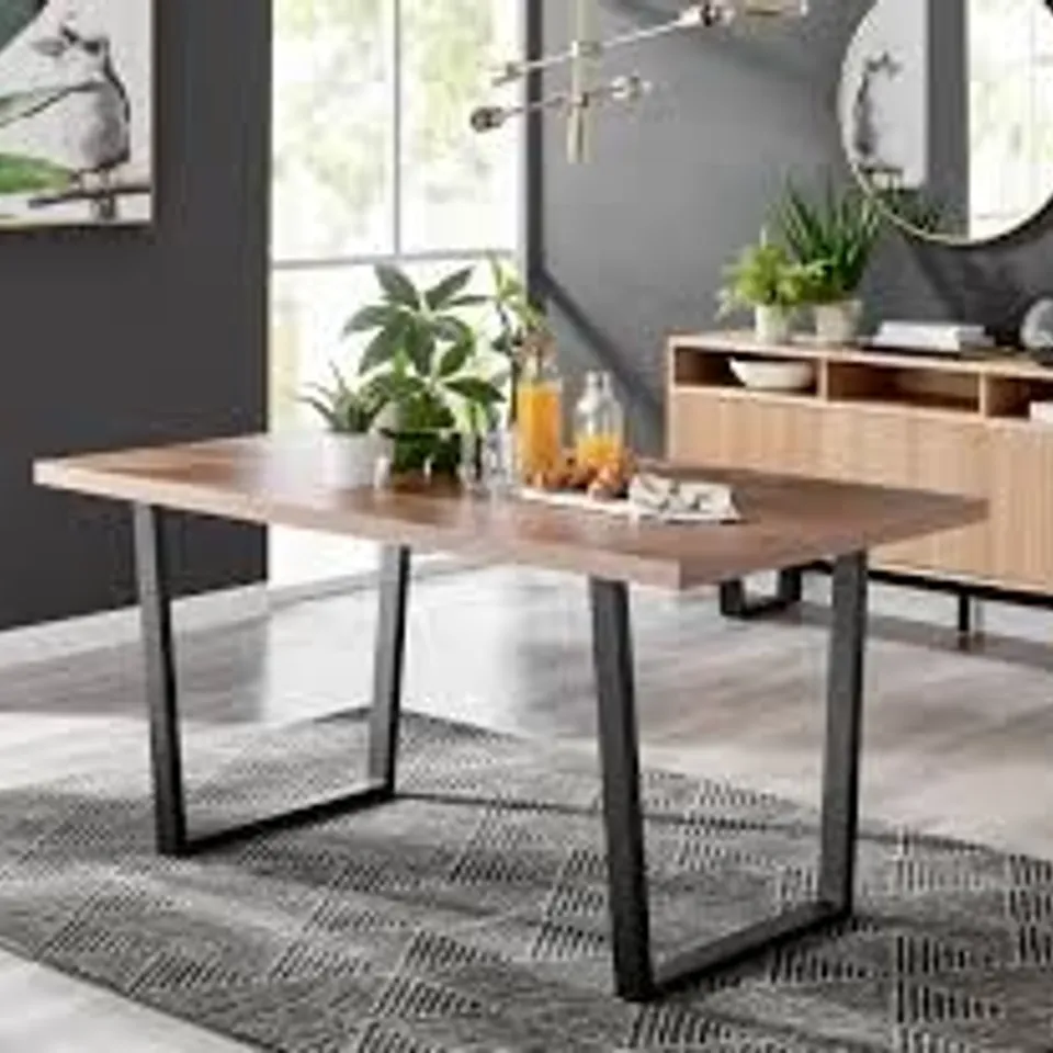 BOXED EUBANKS 160CM LARGE BROWN WOOD VENEER AND BLACK METAL DINING TABLE (2 BOXES)