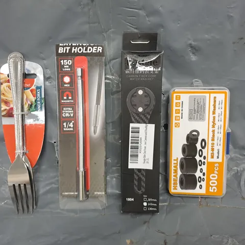 APPROXIMATELY 10 ASSORTED HOUSEHOLD ITEMS TO INCLUDE BIT HOLDER, BLACK NYLON WASHERS, ETC