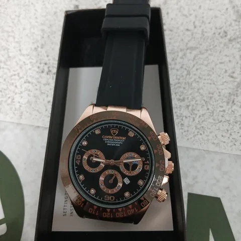 CAVEN DENTON WRISTWATCH – ROSE GOLD TONE CHRONOGRAPH, BLACK DIAL, RUBBER STRAP 