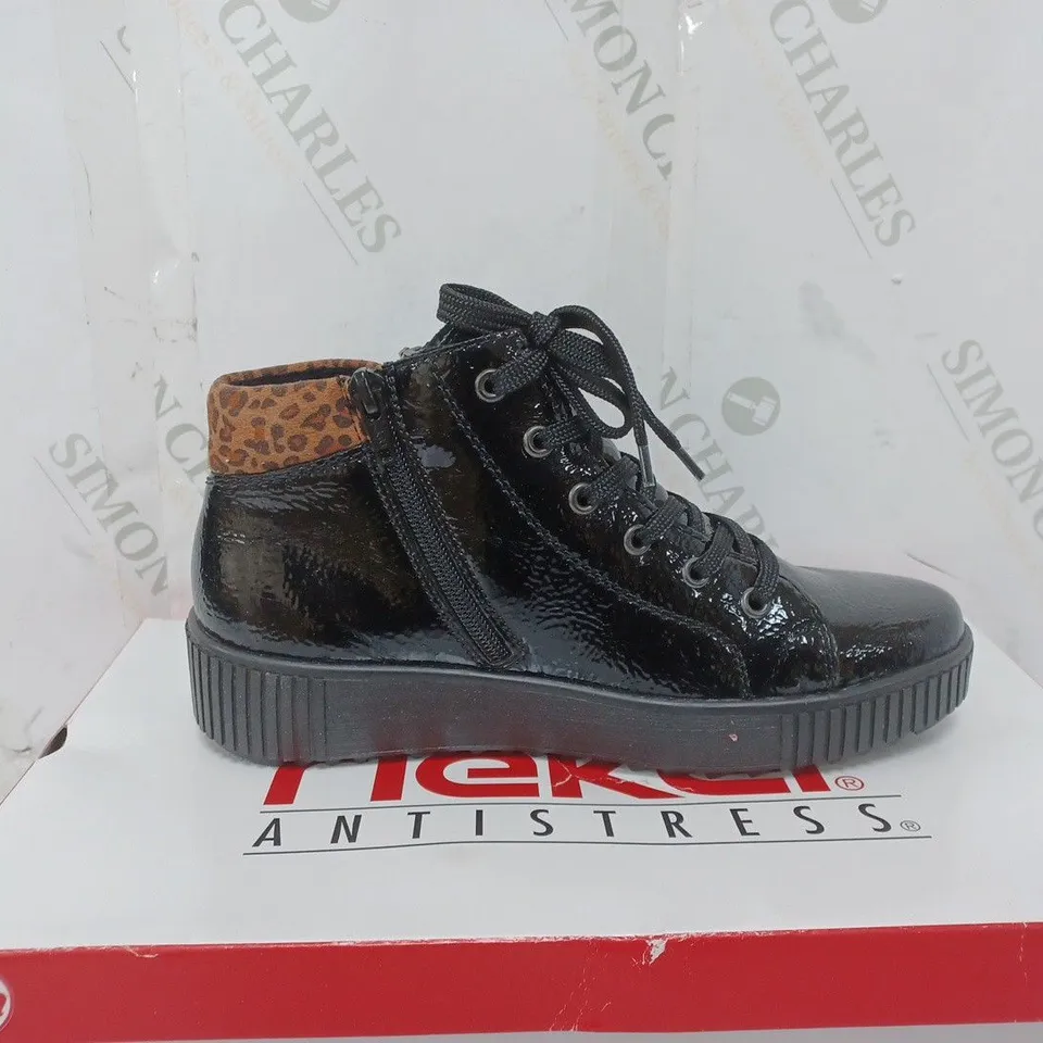 BOXED PAIR OF RIEKER HIGH TOP LEOPARD CUFF TRAINERS BLACK SIZE 5