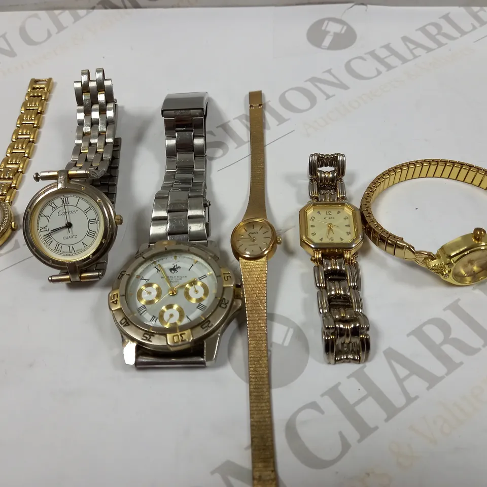 BOX OF 6 ASSORTED DRESS WATCHES IN VARYING BRANDS TO INCLUDE GUESS, CARRIER, AVIA ETC