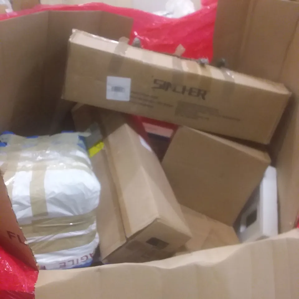 PALLET OF ASSORTED HOUSEHOLD PRODUCTS AND ITEMS, INCLUDING; AIR FRYER, AIR COOLER, OFFICE CHAIR, CAT CAGE, BED FRAME ETC