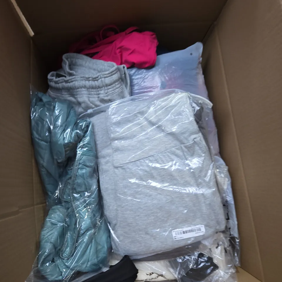 LARGE BOX OF ASSORTED CLOTHING ITEMS IN VARIOUS SIZES, STYLES AND COLOUR 