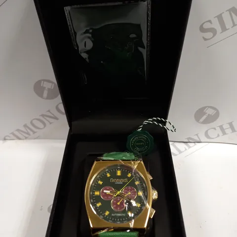 BOXED GAMAGES RETRO CALIBRE GOLD EFFECT CASE GREEN STRAP WATCH 