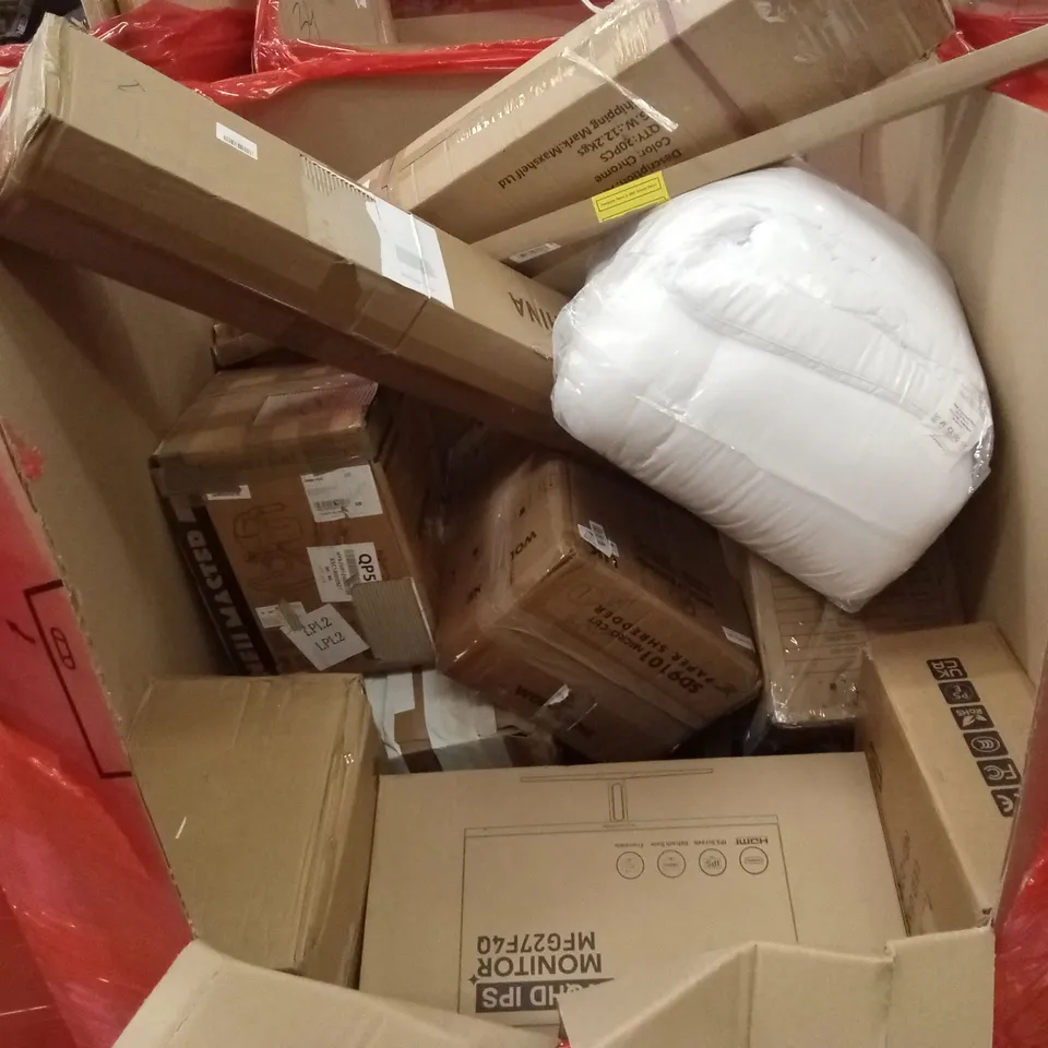 PALLET OF ASSORTED HOUSEHOLD GOODS AND PRODUCTS TO INCLUDE; FAN, COFFEE MACHINE, COMPUTER MONITORS, PAINT SPRAYER ETC