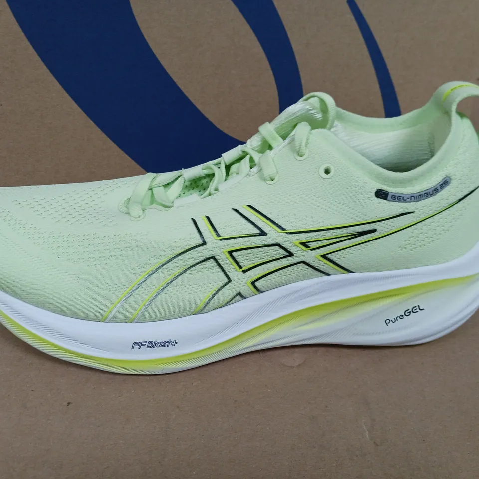 BOXED PAIR OF ASICS GEL NIMBUS TRAINERS IN GREEN MATCHA- UK 9