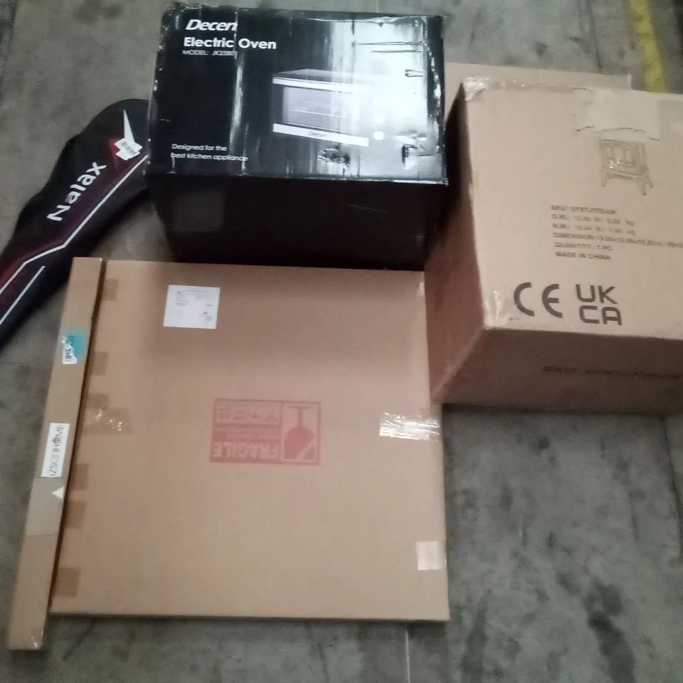 PALLET OF ASSORTED ITEMS INCLUDING DECEN ELECTRIC OVEN, NALAX BADMINTON RACKET, VACUUM CLEANER EXTENSION TUBE, 600MM ROUND BATHROOM MIRROR, PORTABLE FIREPLACE HEATER, FILTERING HALF MASK