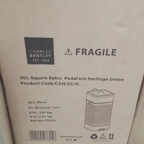 BOXED CHARLES&BENTLEY 30L SQUARE RETRO PEDAL BIN HERITAGE GREEN