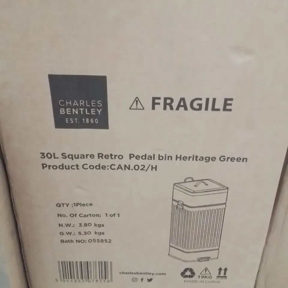 BOXED CHARLES&BENTLEY 30L SQUARE RETRO PEDAL BIN HERITAGE GREEN