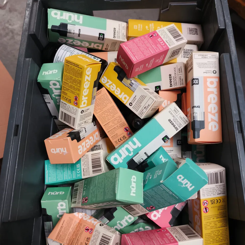 TOTE OF APPROXIMATELY 20 HURB BREEZE ECIGARETTES AND CBD SUPPLEMENTS