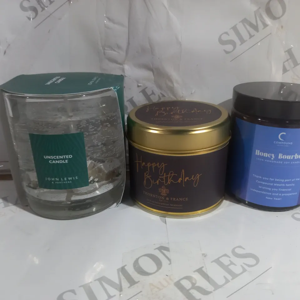 SET OF 3 CANDLES JOHN LEWIS UNSCENTED CANDLE, THORNTON & FRANCE HAPPY BIRTHDAY AND COMPOUND HONEY BOURBON SOY CANDLE