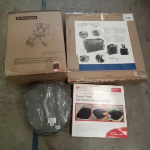 PALLET OF ASSORTED ITEMS INCLUDING SONARIN STROLLER, ALL FOR PAWS TRAVEL DOG, UPER THICK GEL INFUSED CUSHION, PET MAGASIN PET CARRIER