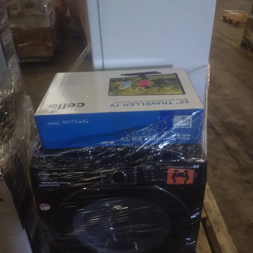 PALLET OF ASSORTED ITEMS INCLUDING CANDY FRIDGE FREEZER, 22" TV, WASHING MACHINE