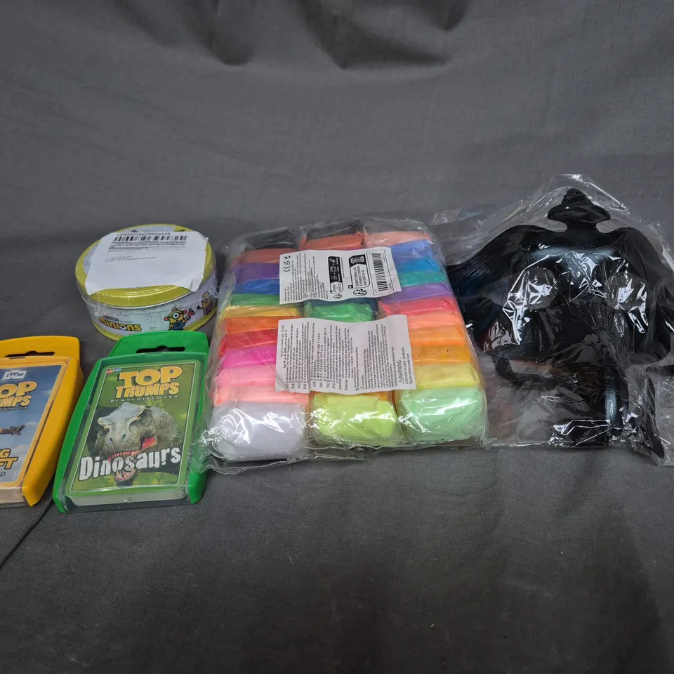 BOX OF ASSORTED TOYS AND GAMES TO INCLUDE CARD GAMES, CLAY AND MASKS