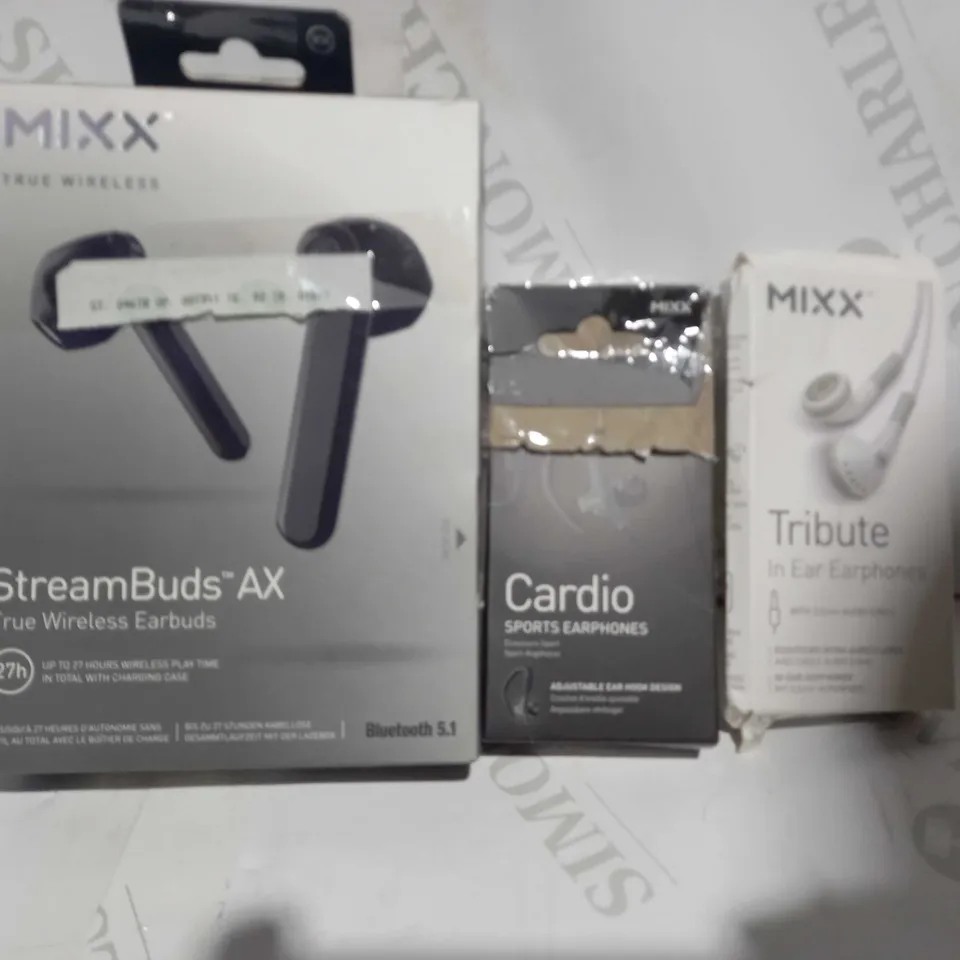 LOT OF APPROXIMATELY 20 ASSORTED HOUSEHOLD ITEMS TO INCLUDE MIXX STREAMBUDS AX TRUE WIRELESS EARBUDS, MIXX CARDIO SPORTS EARPHONES, MIXX TRIBUTE IN EAR EARPHONES, ETC