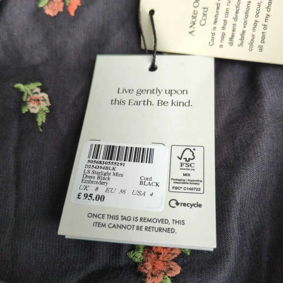 NOBODY'S CHILD STARLIGHT MINI DRESS – BLACK WITH FLORAL EMBROIDERY, UK 8 (EU 36)