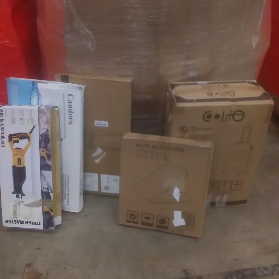 PALLET OF ASSORTED ITEMS INCLUDING RECIPROCATING SAW, COAT RACK, LUGGAGE SUITCASE, SEAT COVER