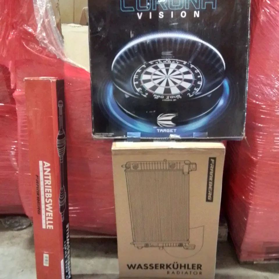 PALLET OF ASSORTED HOUSEHOLD GOODS AND PRODUCTS TO INCLUDE;RADIATOR,TARGET VISION,AXLE SHAFT