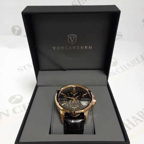 MENS VONLANTHEN AUTOMATIC SKELETON WATCH – V110 - GLASS EXHIBITION BACKCASE – BLACK LEATHER STRAP