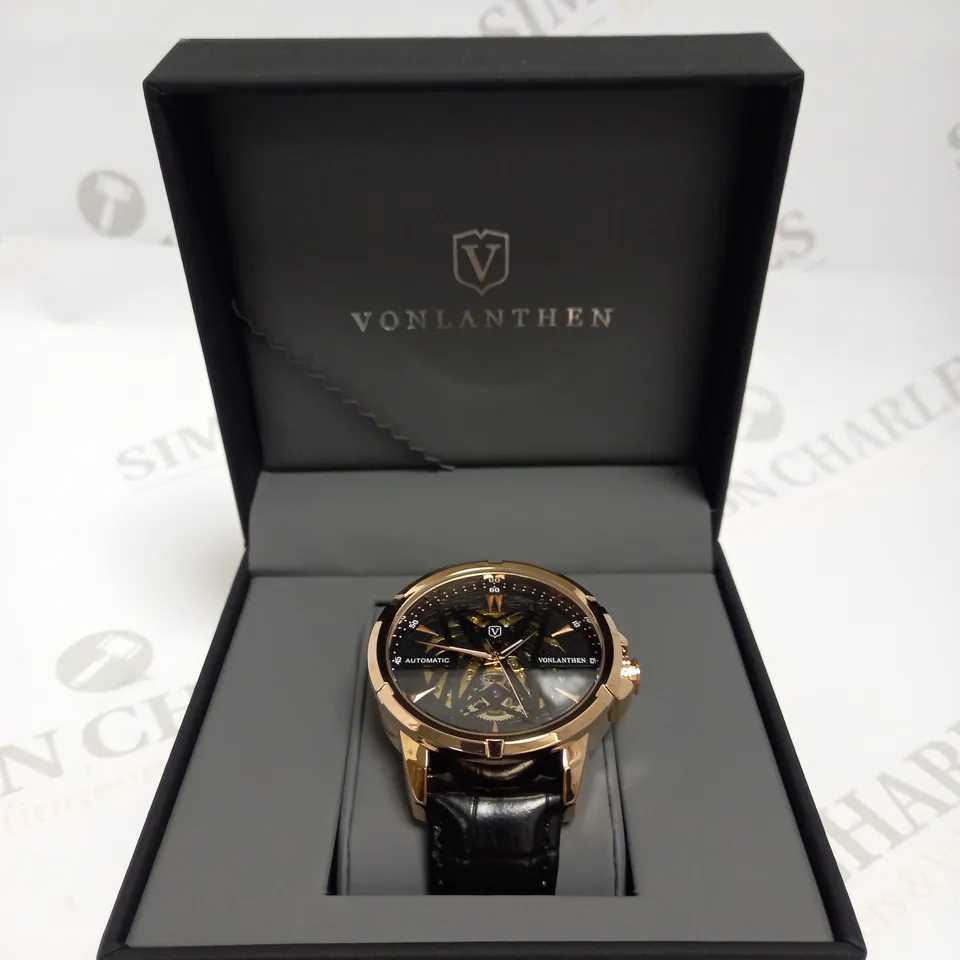 MENS VONLANTHEN AUTOMATIC SKELETON WATCH – V110 - GLASS EXHIBITION BACKCASE – BLACK LEATHER STRAP