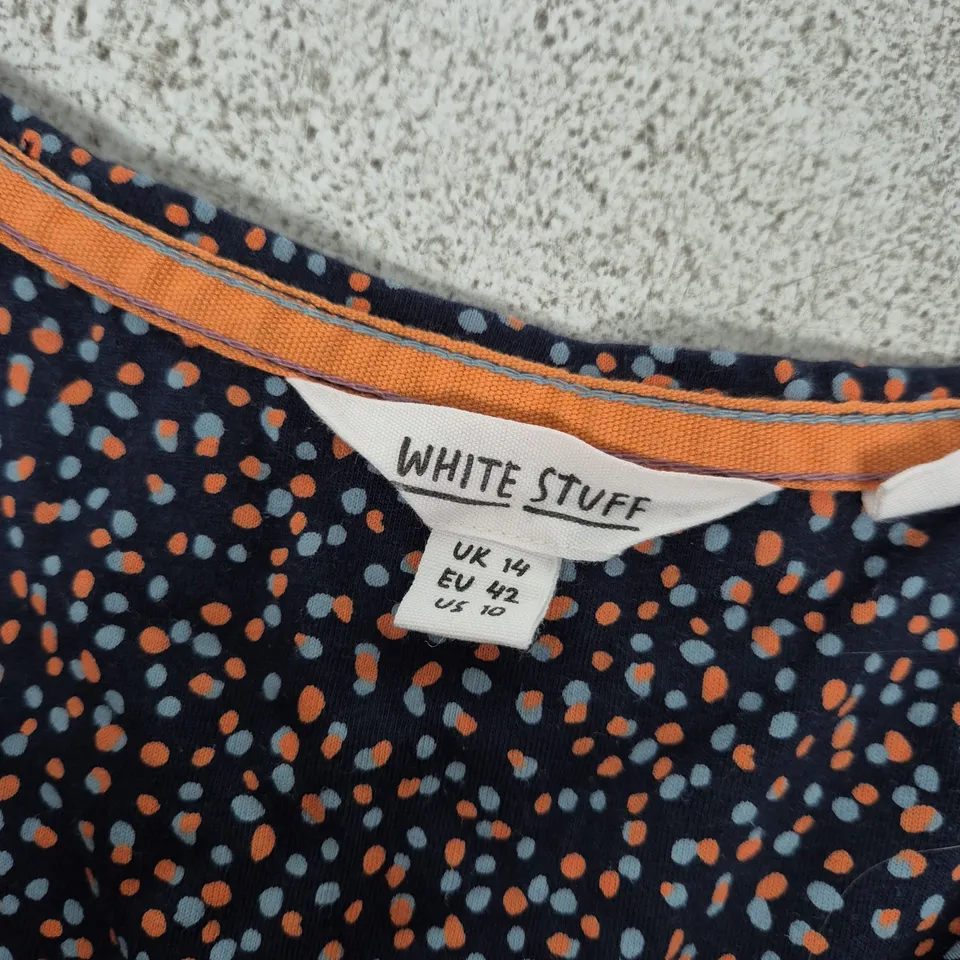 WHITE STUFF WOMEN'S DRESS – NAVY WITH ORANGE DOTS, UK 14