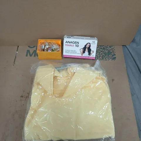 LARGE QUANTITY OF ASSORTED ITEMS TO INCLUDE JEWELLERY BOX, ANAGEN WOMENS HAIR GROWTH SUPPLEMENT, ASSORTMENT OF CLOTHE , ETC - COLLECTION ONLY