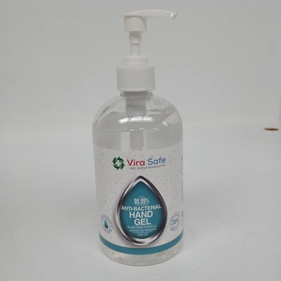 BOX OF APPROXIMATELY 12 X VIRA SAFE ANTI BACTERIAL HAND GEL 500ML