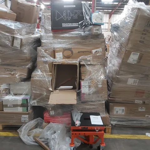 PALLET CONTAINING A LARGE QUANTITY OF ASSORTED CONSUMER PRODUCTS INCLUDING: VEVOR MOTORCYCLE LIFT, CABINET, WINDOW REGULATOR, PILLOW ECT