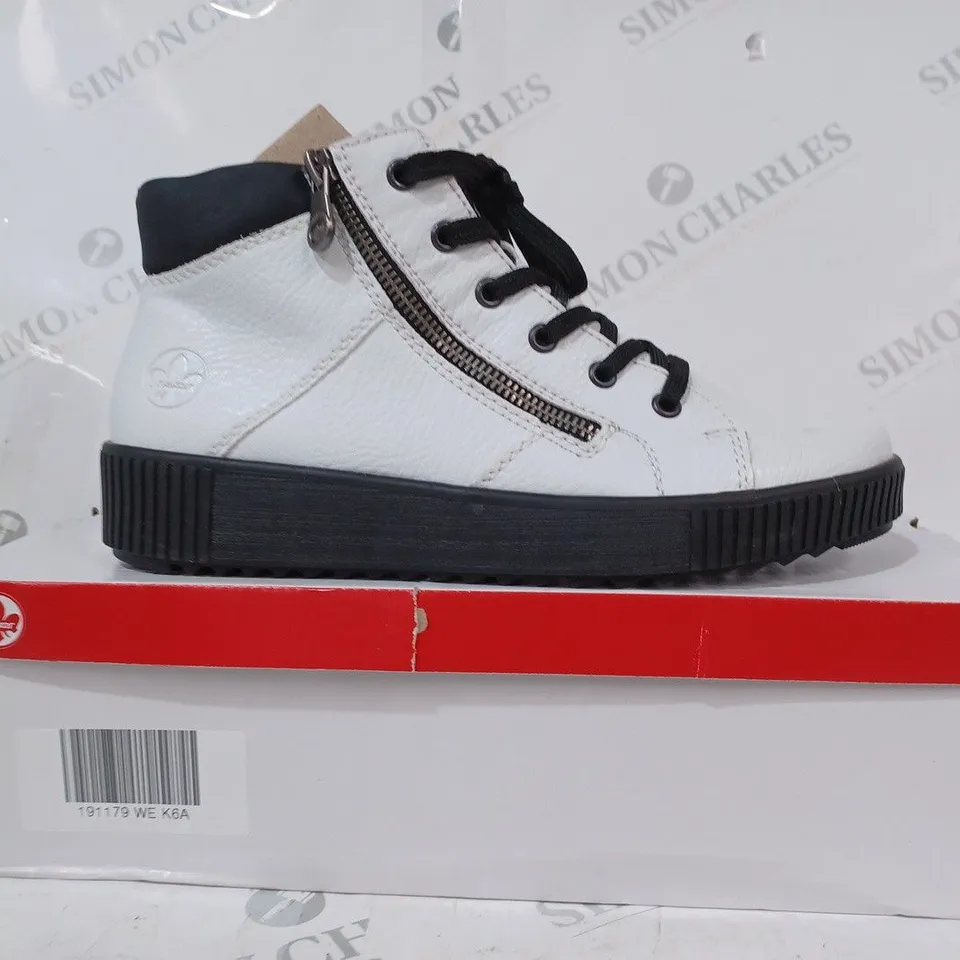 BOXED PAIR OF RIEKER HIGH TOP TRAINERS W. SIDE ZIP IN WHITE EU SIZE 40