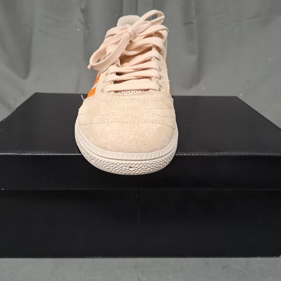 BOXED PAIR OF ADIDAS BUSENITZ SHOES IN SAND/ORANGE UK SIZE 6